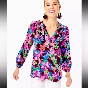 Lilly Pulitzer Elsa Silk Top Cherry Ganache Bohemian Garden!  Medium!  EUC!